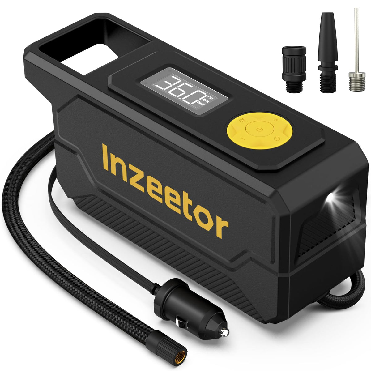 Inzeetor tire inflator with digital gauge for precise pressure checks.