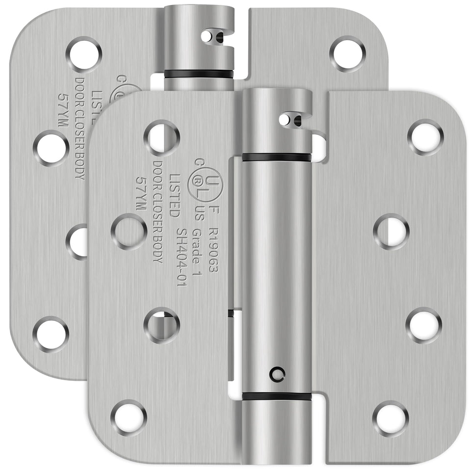 IOQ 4 inch self-closing hinge on left door with brushed nickel finish promotes quiet closing