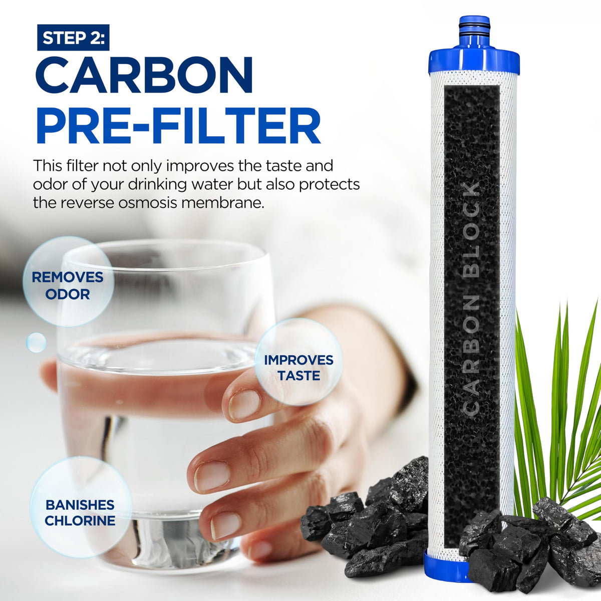 AC-30 carbon block filter highlights contaminant reduction.
