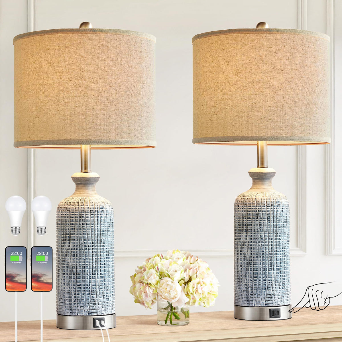 Ireliare living room lamps set of 2, 27-inch height, easy touch brightness control.