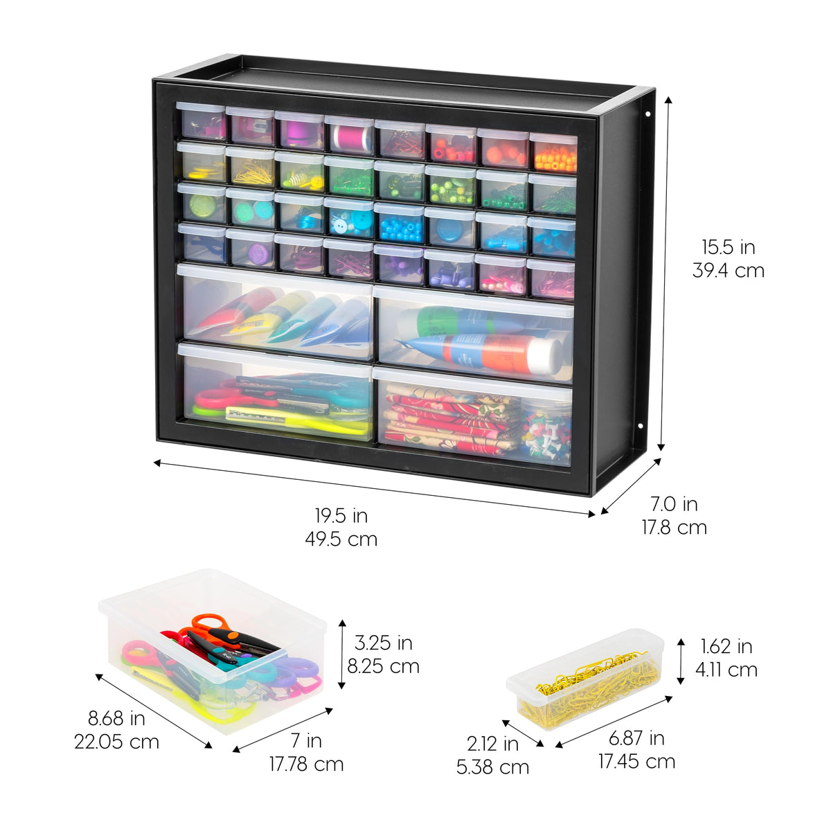 IRIS USA 36-drawer storage cabinet open drawer showing clear contents.