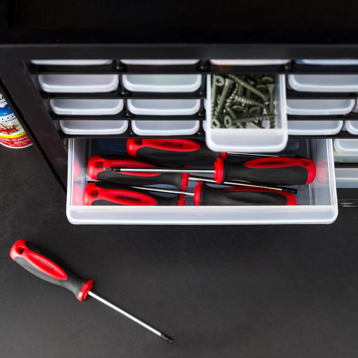 IRIS USA 36-drawer storage cabinet in a workshop setting.
