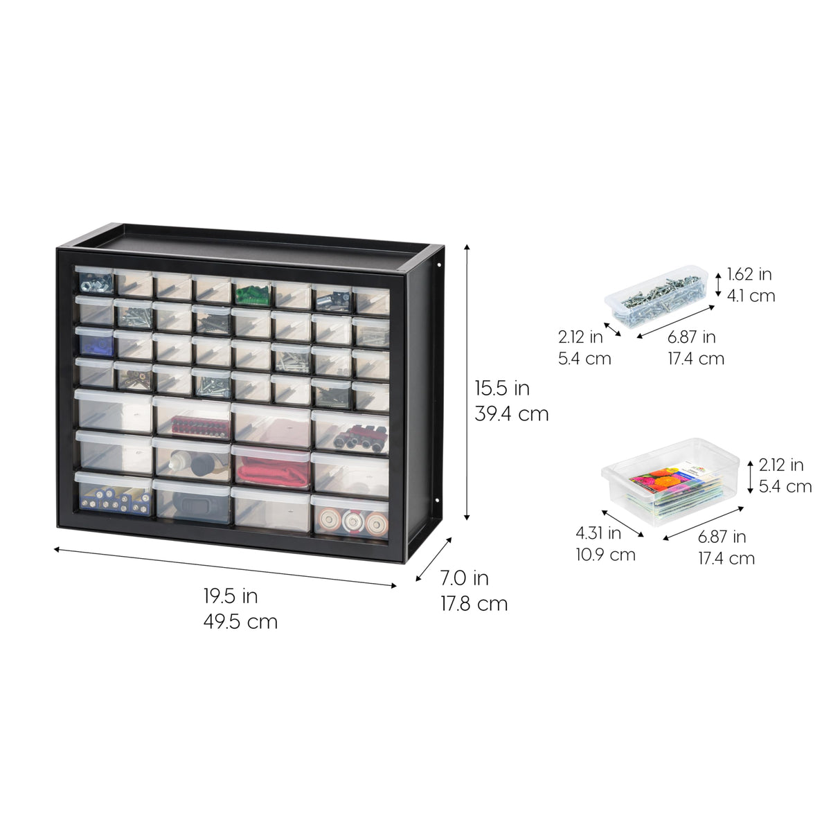IRIS USA 44-drawer small-parts organizer drawers open for easy access to beads and screws.