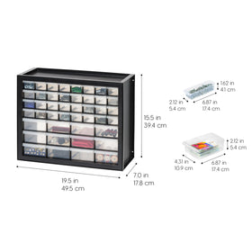 IRIS USA 44-drawer small-parts organizer drawers open for easy access to beads and screws.