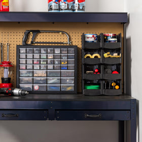 IRIS USA 44-drawer small-parts organizer stacked units demonstrate increased storage flexibility.