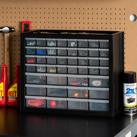 IRIS USA 44-drawer small-parts organizer top view highlights space-saving stackable design.