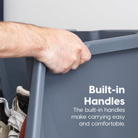 IRIS USA bin with large handles enables easy transport and repositioning.