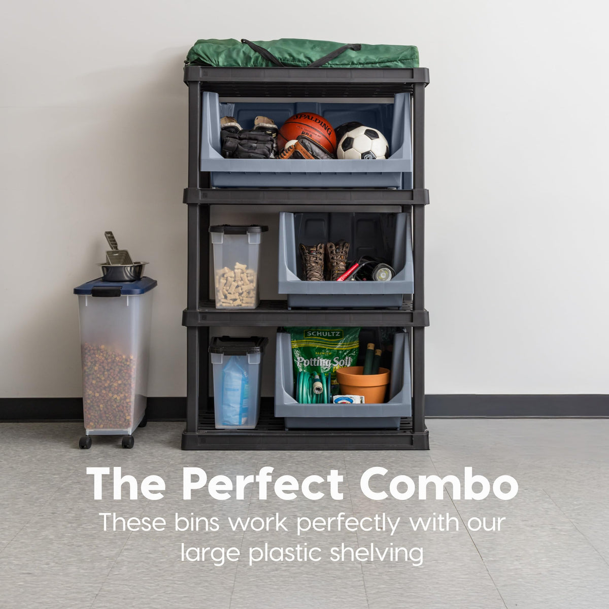 IRIS USA gray stackable bin complements organized workspace aesthetics.