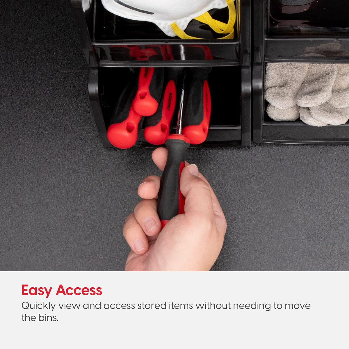 IRIS USA small-parts bin front lip accommodates label for quick identification.