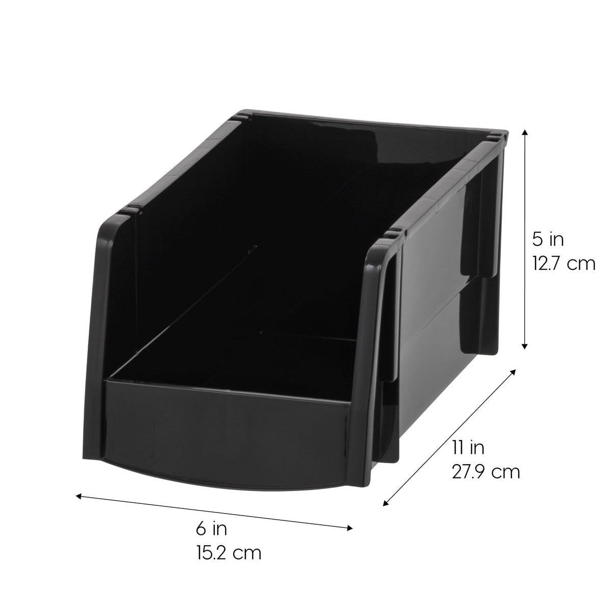 IRIS USA bin with interlocking grooves enabling secure stacking in tight spaces.