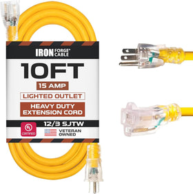 Iron Forge Cable 10ft lighted outdoor extension cord with power indicator for safer outdoor setup.