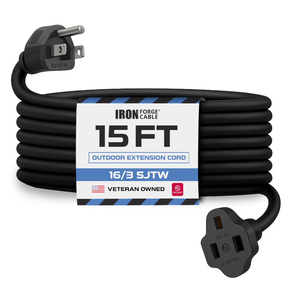 Iron Forge Cable 15ft extension cord outdoors with weather-resistant jacket for outdoor use.