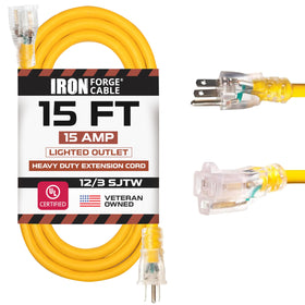 IRON FORGE CABLE 15 ft lighted end extension cord ideal for outdoor tasks and easy power confirmation