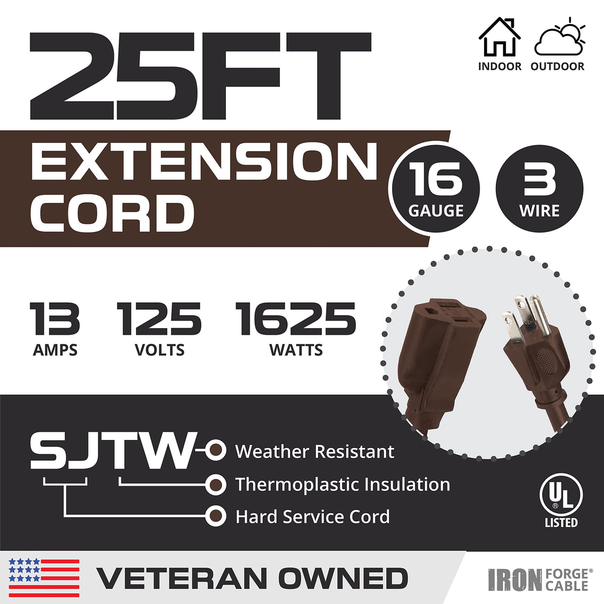 Iron Forge Cable 16 AWG brown extension cord suitable for heavy-duty use.