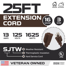 Iron Forge Cable 16 AWG brown extension cord suitable for heavy-duty use.