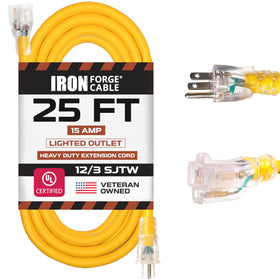 IRON FORGE CABLE 25ft outdoor extension cord with lit end for easy power status.