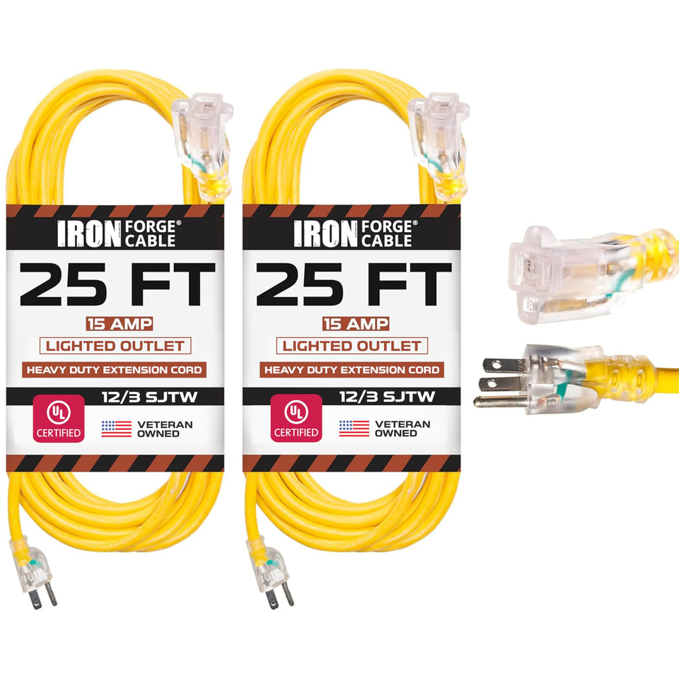 IRON FORGE CABLE 25ft extension cord with lighted end for outdoor safety