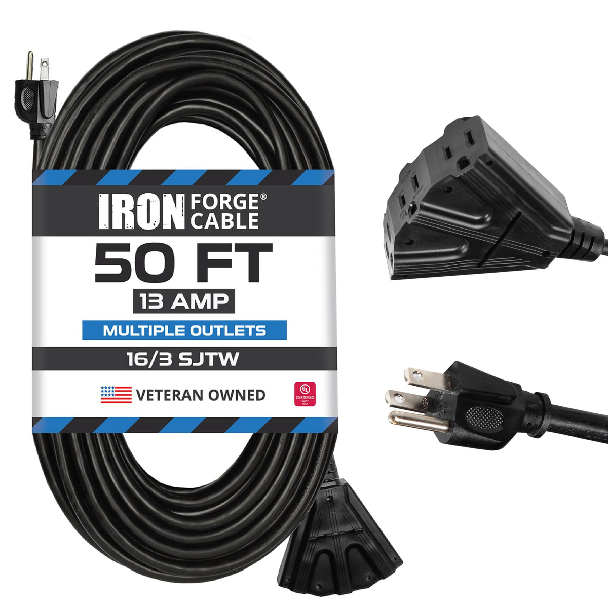 Iron Forge Cable 50ft outdoor extension cord with three outlets for yard tools and lights.