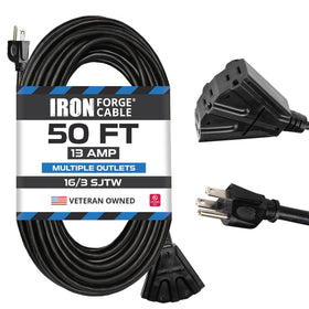 Iron Forge Cable 50ft outdoor extension cord with three outlets for yard tools and lights.