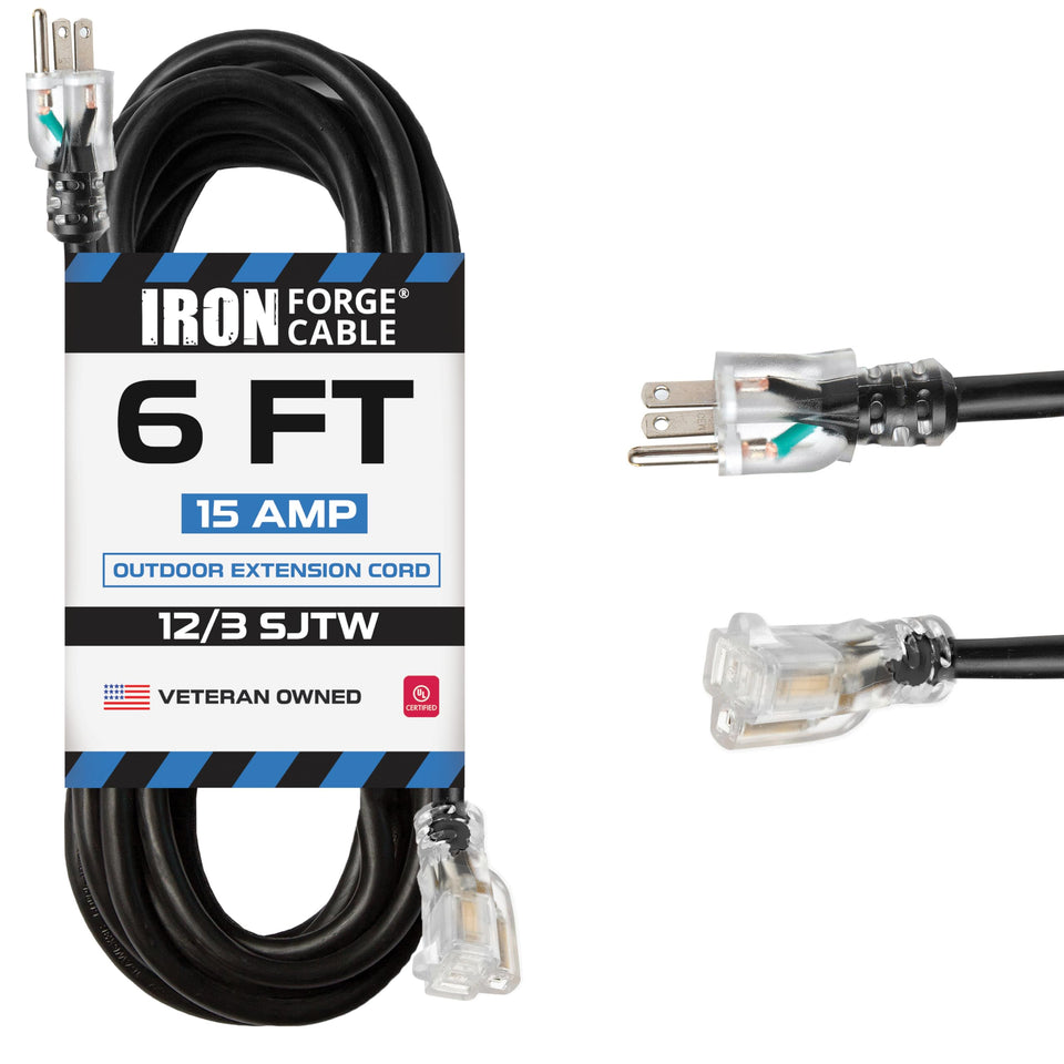 Iron Forge Cable 6 ft outdoor extension cord in black for versatile power outdoors.