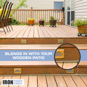 Iron Forge Cable light brown cord stretched across outdoor space for power.