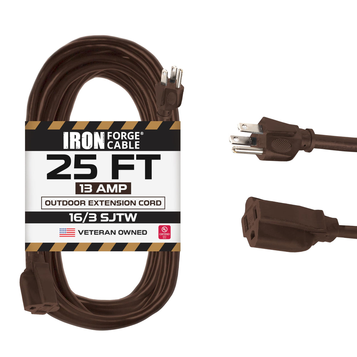 Iron Forge Cable brown outdoor extension cord powering garden tools outdoors.