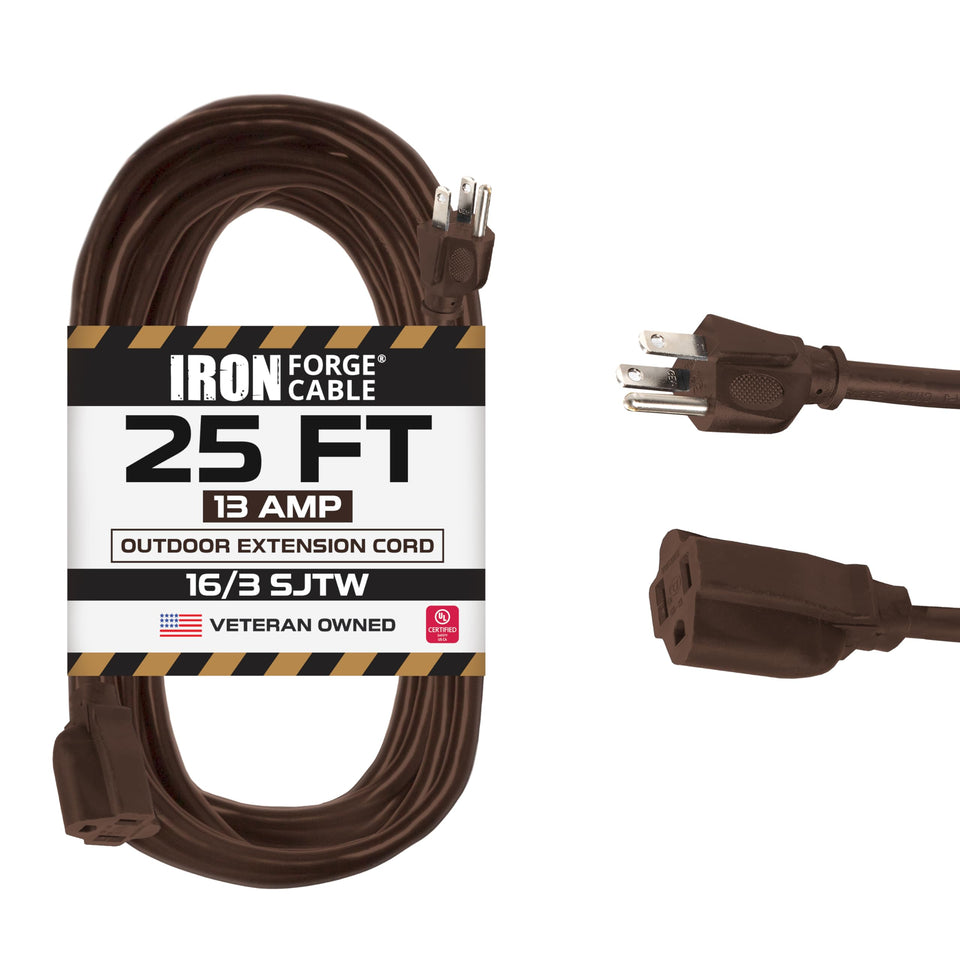 Iron Forge Cable brown outdoor extension cord powering garden tools outdoors.