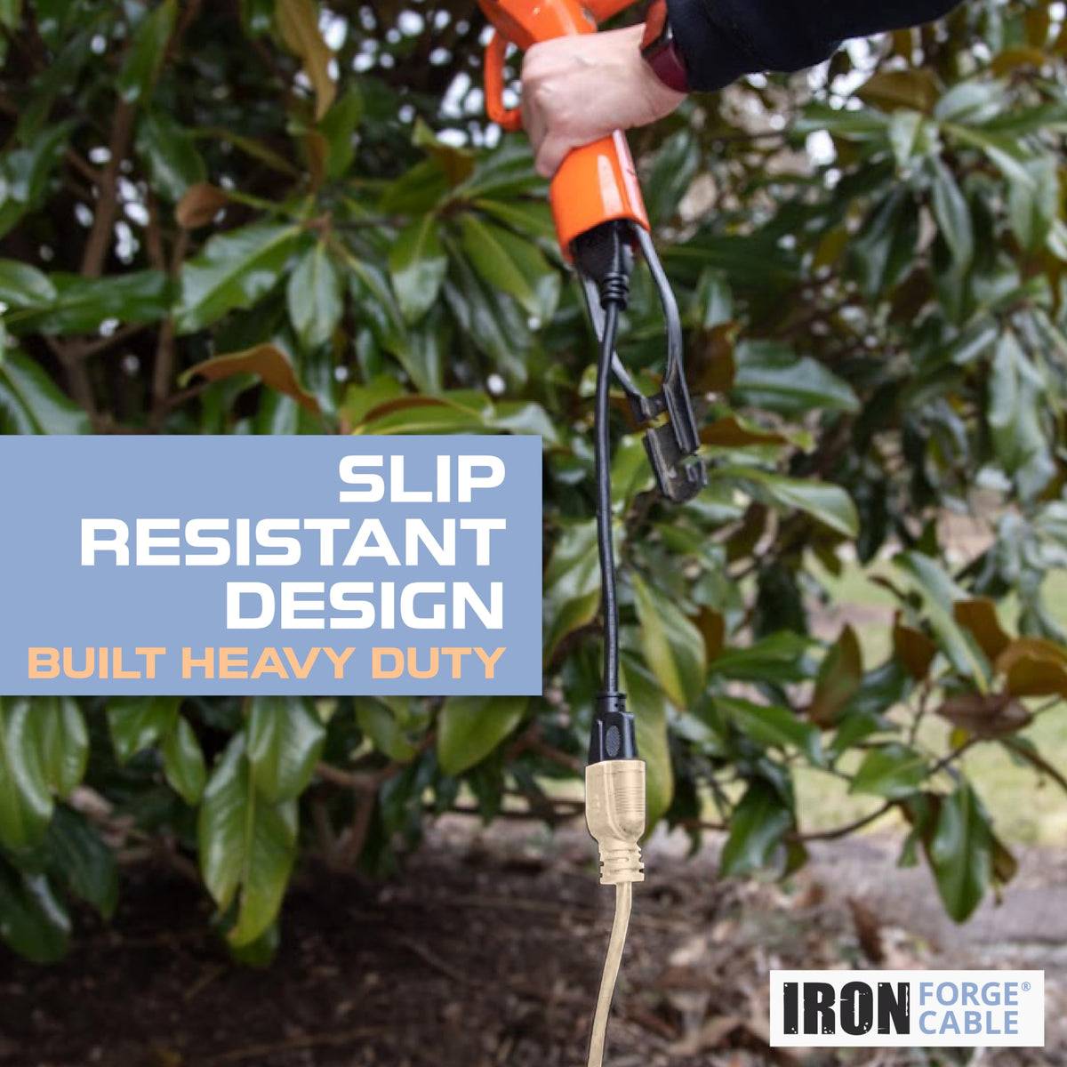 Iron Forge Cable 10 ft extension cord on deck blending with décor.