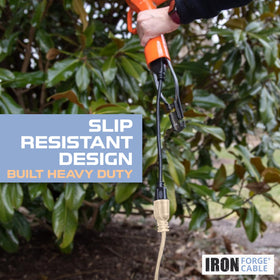 Iron Forge Cable 10 ft extension cord on deck blending with décor.