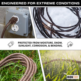 Iron Forge Cable extension cord used for lawn tools and lighting.