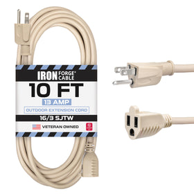 Iron Forge Cable weatherproof 10ft extension cord closeup with rugged SJTW jacket.