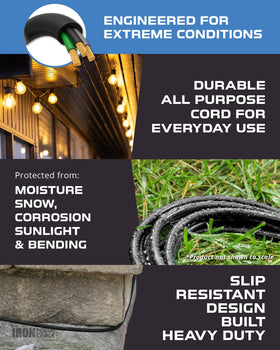 Iron Forge Cable weatherproof jacket protects plugs from moisture and snow