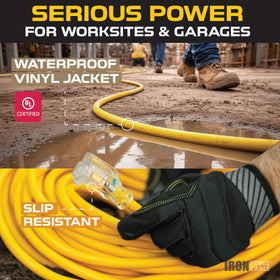 IRON FORGE CABLE yellow 3-prong SJTW cord improves visibility to reduce tripping.