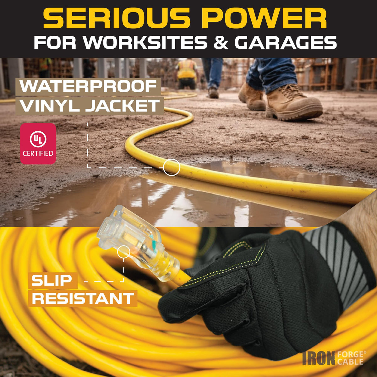 Iron Forge Cable yellow SJTW 12ga extension cord, high visibility for safer work sites.