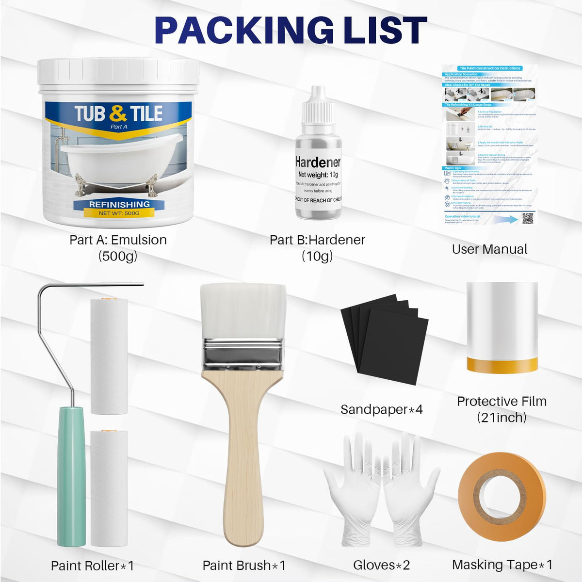 IRONABLE tub-paint-kit-components closeup highlights all-in-one supplies for easy setup.