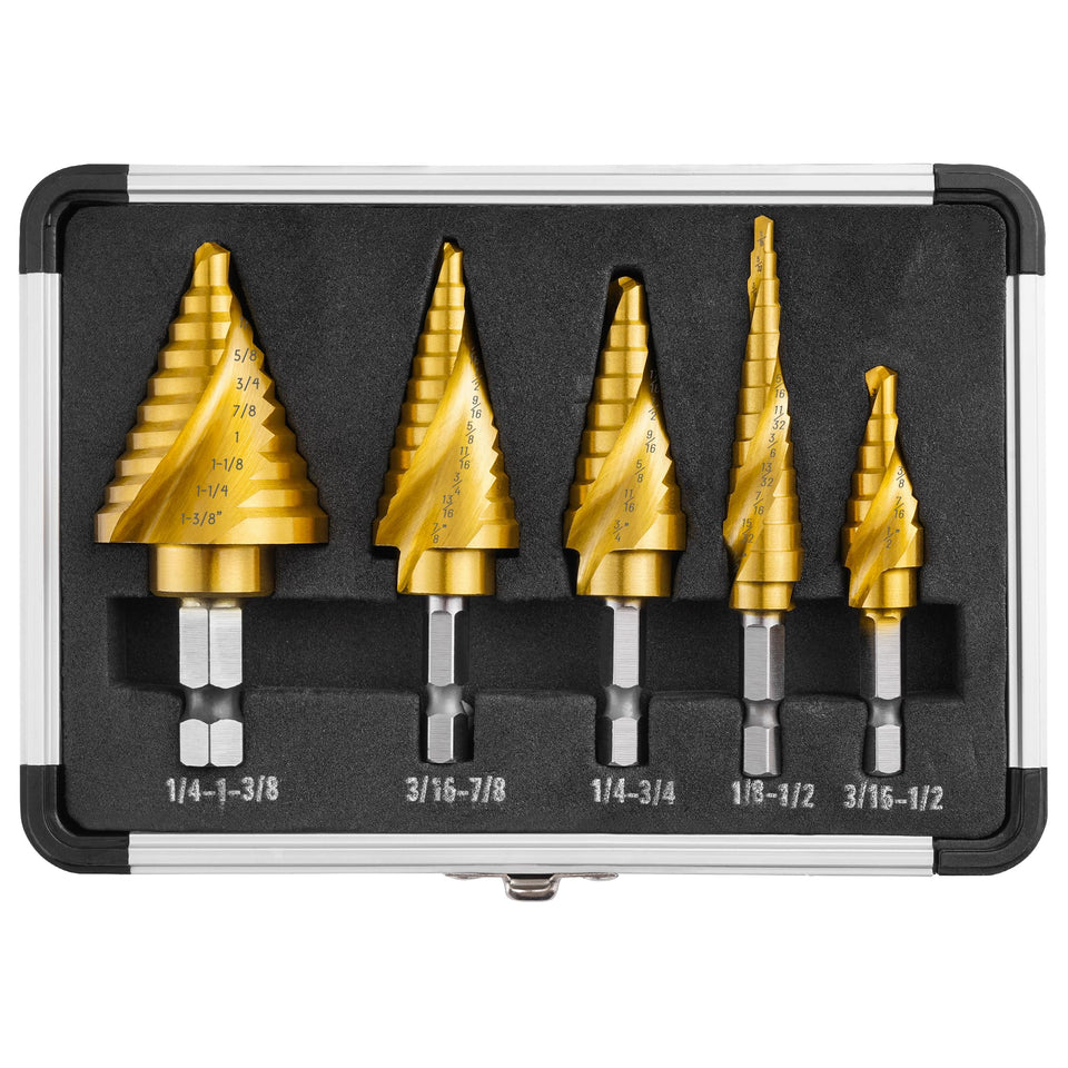 IRONANT step drill bits set in aluminum case, organized for quick access.
