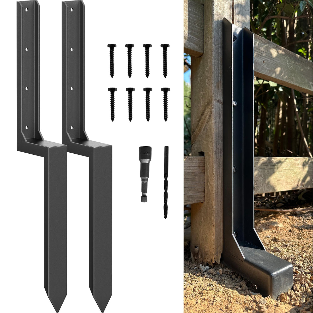 IRONBABE fence post repair kit stake stabilizing a leaning 4x4 post for a tidy garden.