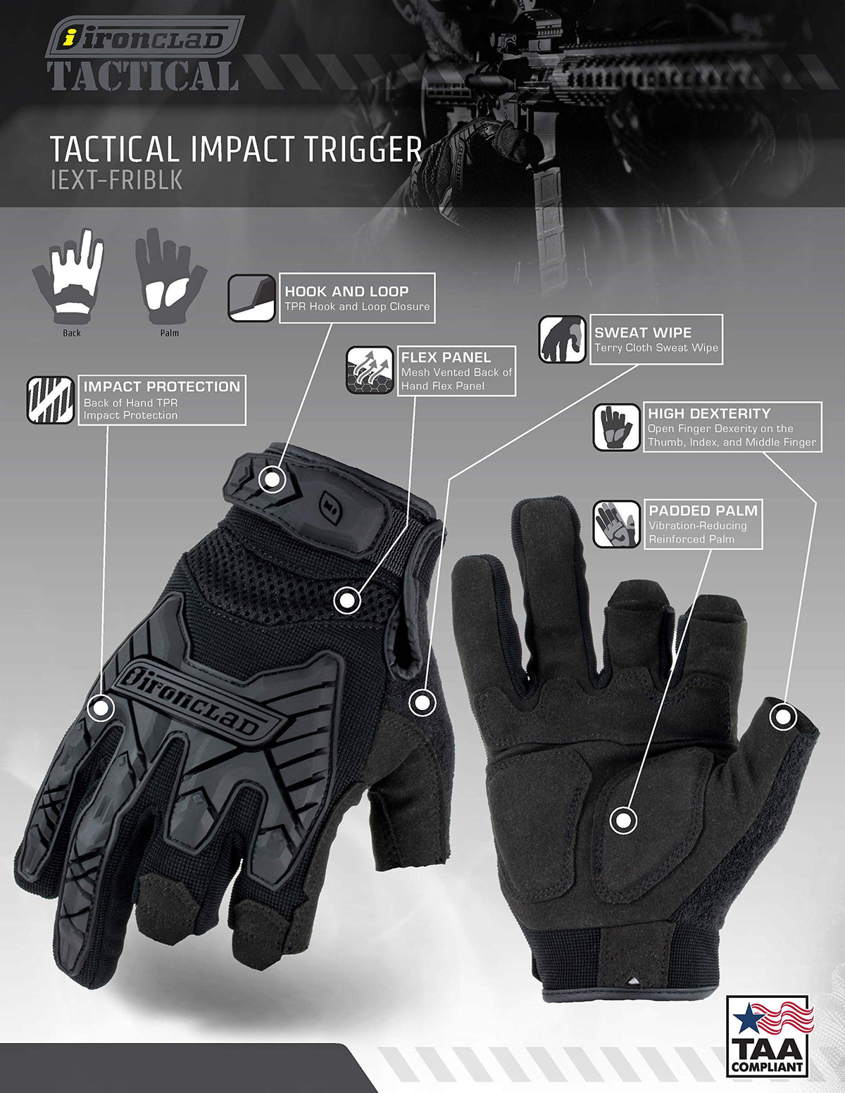 Ironclad Tactical Framer Impact Black thumb sweat wipe feature.