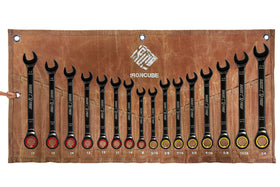 ironcube ratcheting wrench set laid out showing metric and sae sizes for autos.