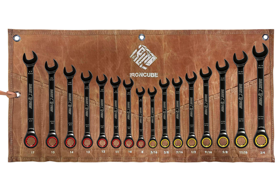 ironcube ratcheting wrench set laid out showing metric and sae sizes for autos.