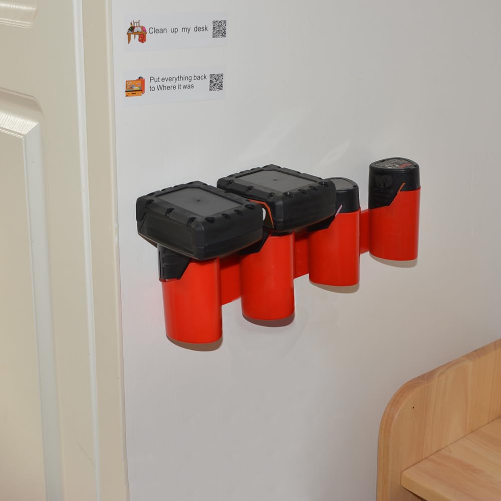 Battery storage wall mount organizing packs on a workshop wall.