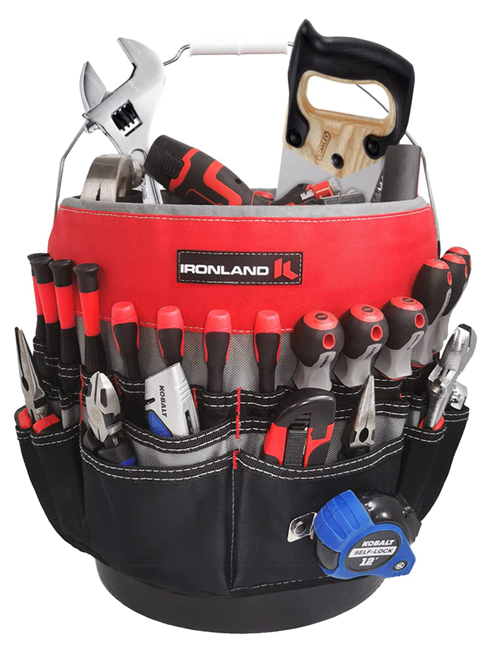 IRONLAND bucket tool organizer in red and black, front view for quick tool access.