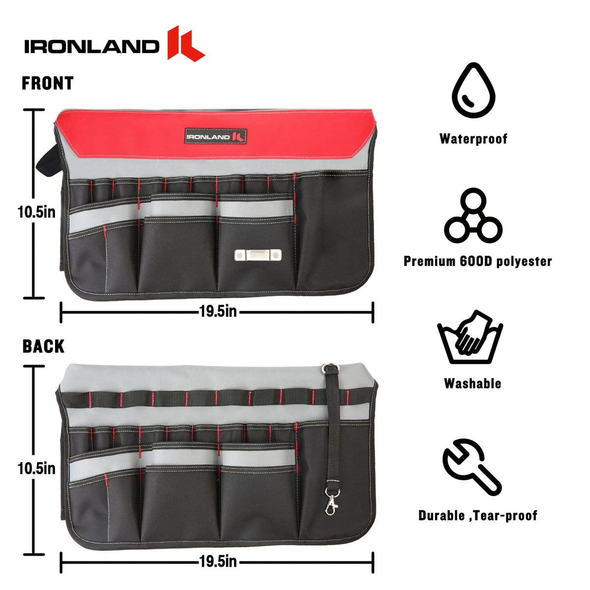 IRONLAND includes tape hook and tool loops for essential tools.