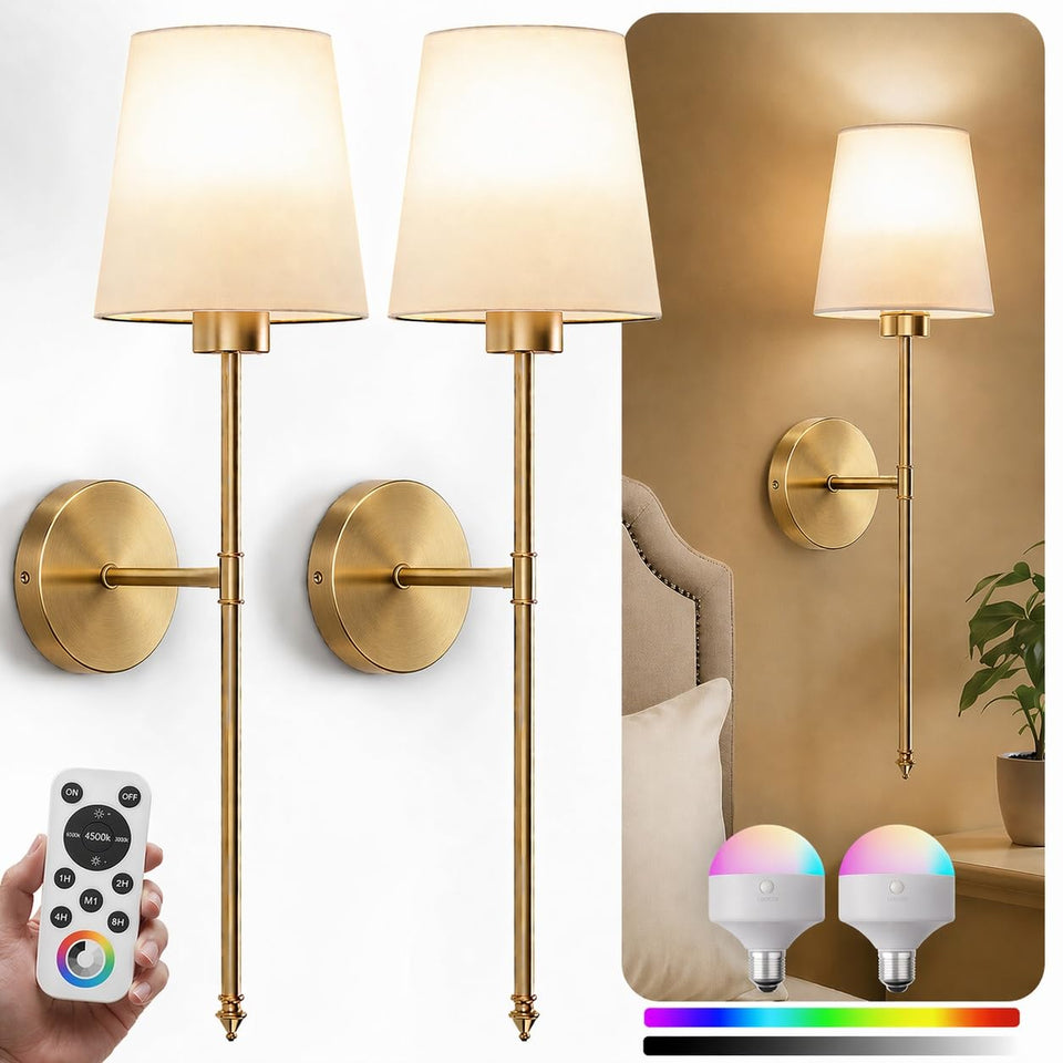 IRONPAX 2-pack wall sconces with gold fabric shade for elegant ambient lighting