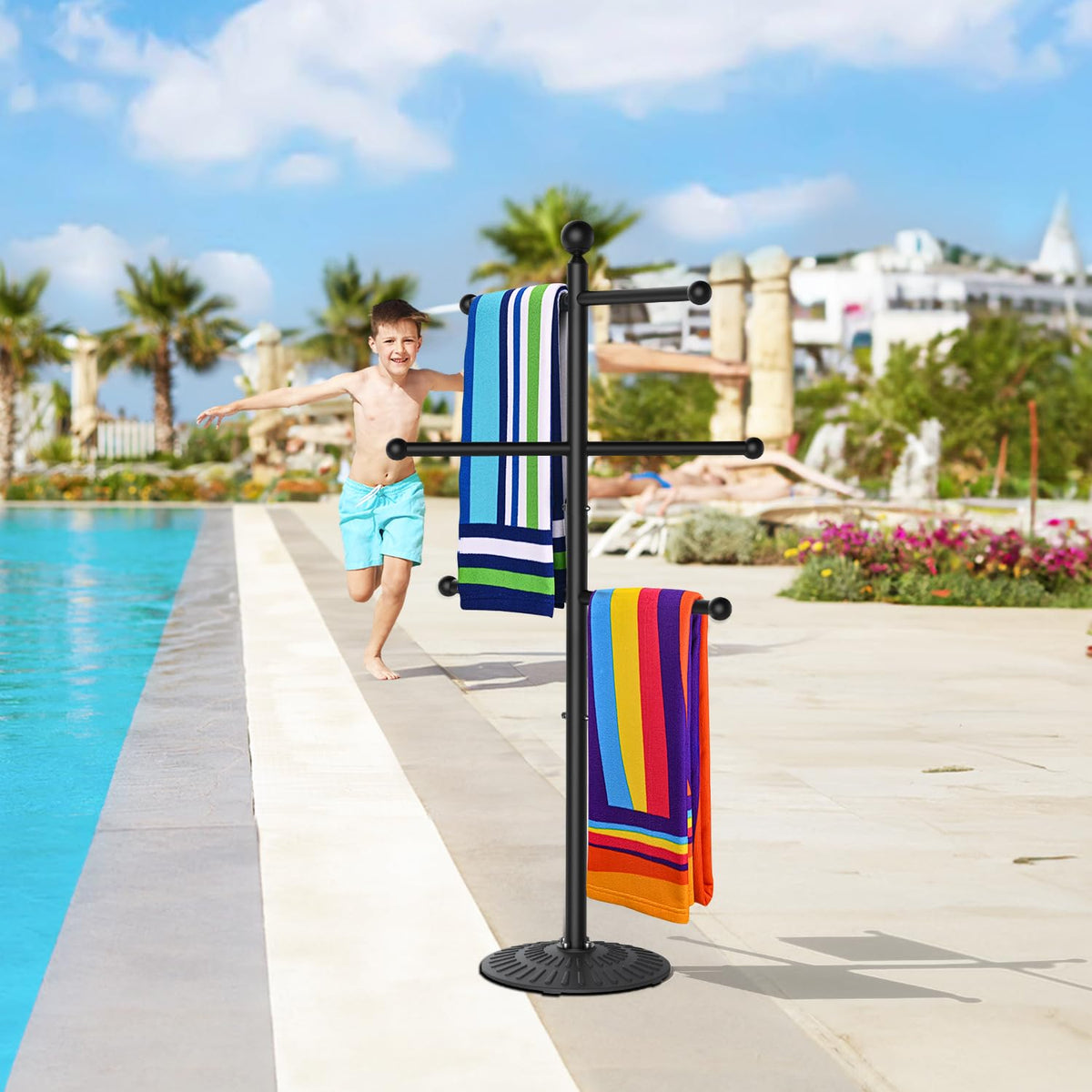 Irrantan durable outdoor towel rack on a patio for daily poolside use