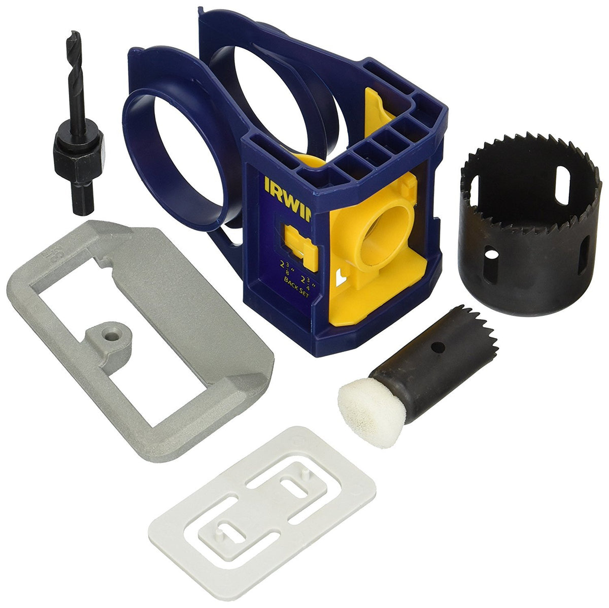 IRWIN door lock installation kit shows carbon hole saws for precise openings