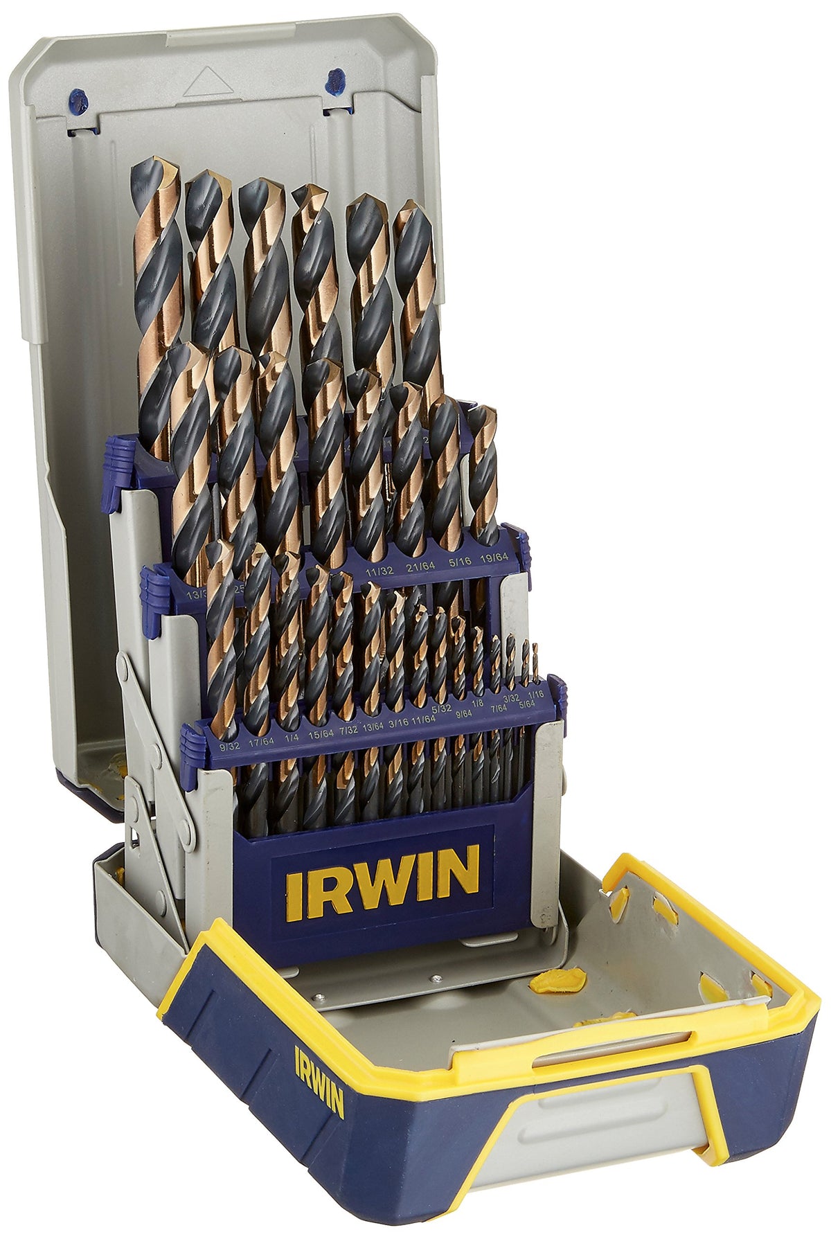 IRWIN drill bit set 29-piece in metal index case for quick bit access and organization.