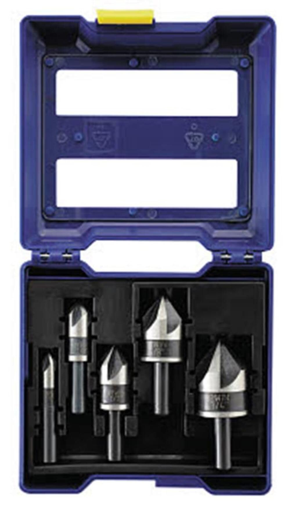 IRWIN five-piece countersinks with industrial high-speed steel for reduced vibration.
