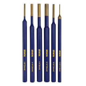 IRWIN punch set with six punches for pin work, clearly labeled for quick selection.