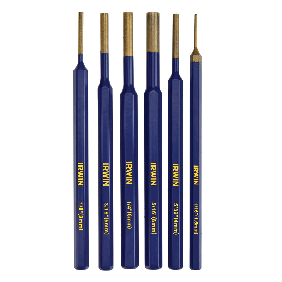 IRWIN punch set with six punches for pin work, clearly labeled for quick selection.